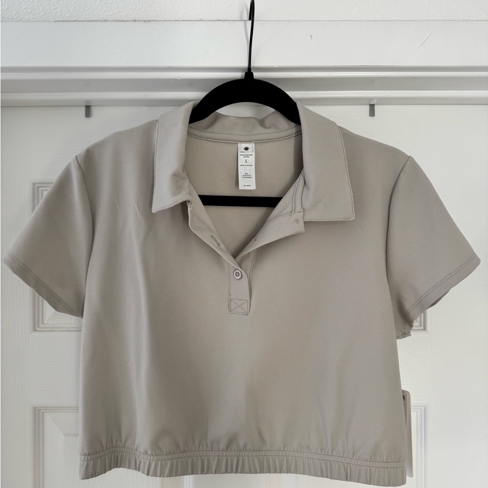Yogalicious Waffle Jane Crop Polo Top L Grey Short Sleeve Activewear Athleisure